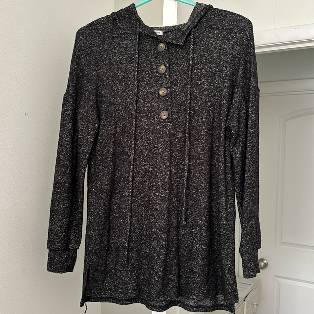 Small Green Envelope Hooded Long Sleeve shirt. Grey in color.